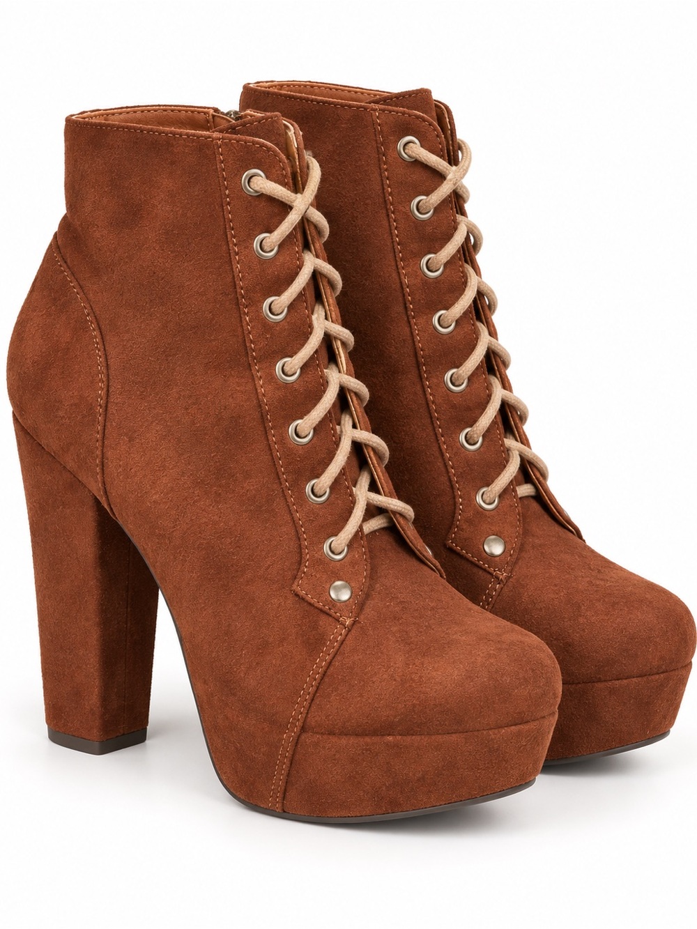Women's Lace-Up Suede Platform Ankle Boots - Chestnut Brown
